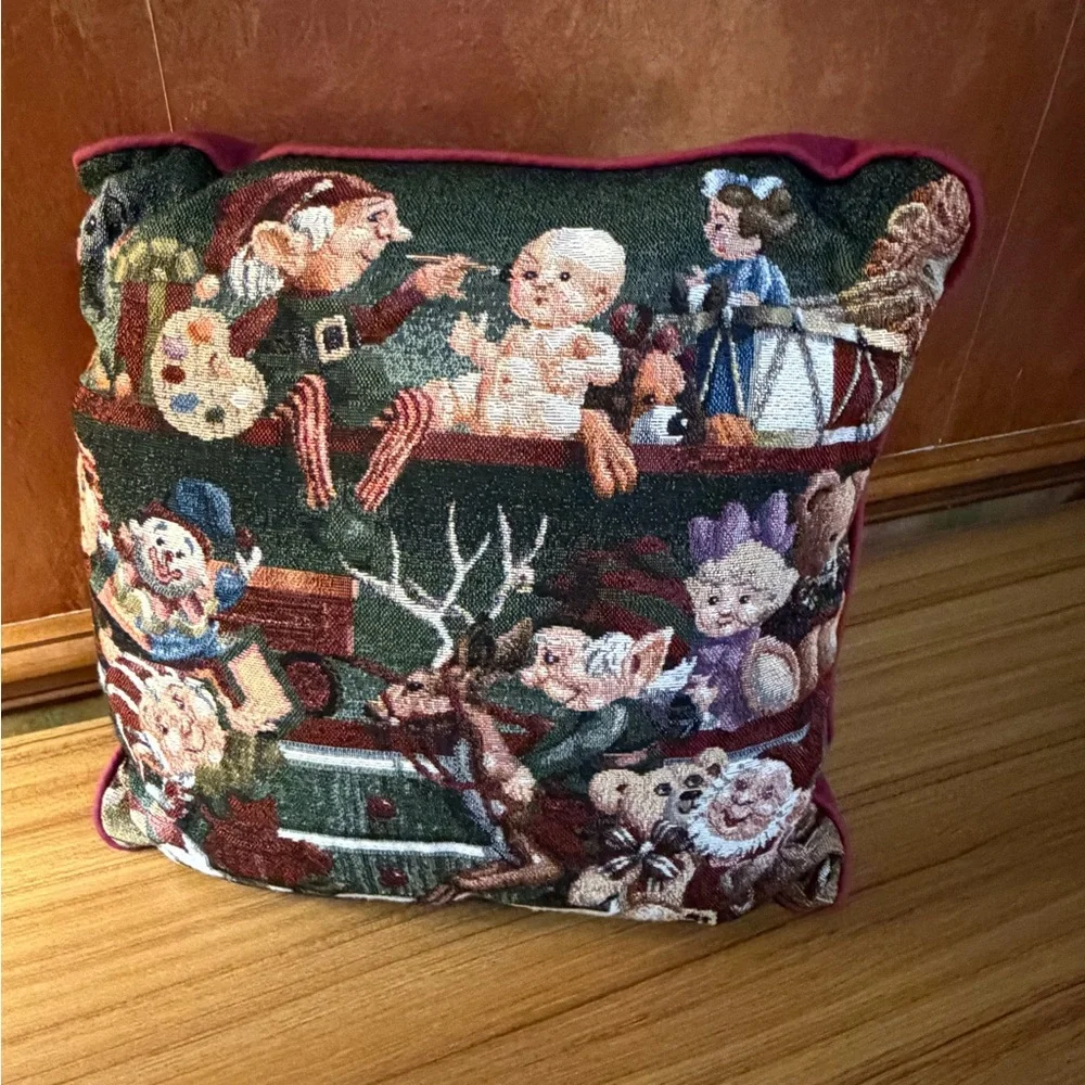 Vintage Santas Workshop Christmas Elves Tapestry Square Throw Pillow 15x14